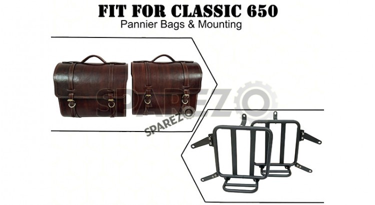 For Royal Enfield Classic 650 Genuine Leather Pannier Saddle Bags Antique Brown and Mounting - SPAREZO